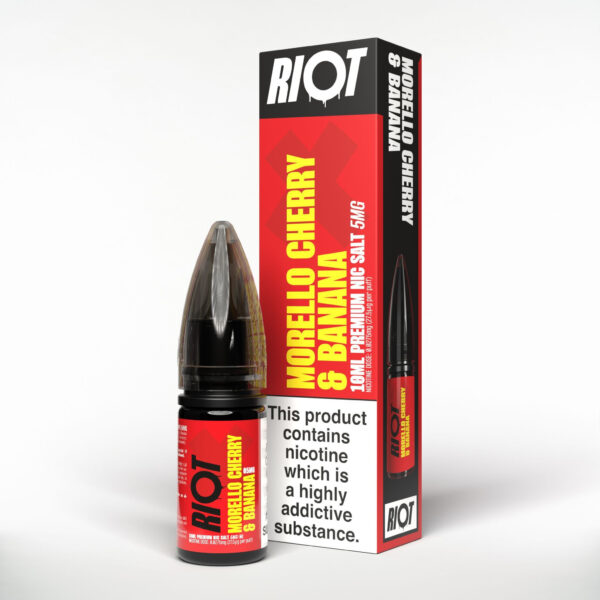 Morello Cherry & Banana Nic Salt E-Liquid by Riot X 10ml bottle of Morello Cherry & Banana Nic Salt E-Liquid by Riot X, dark red label with nicotine strength shown.