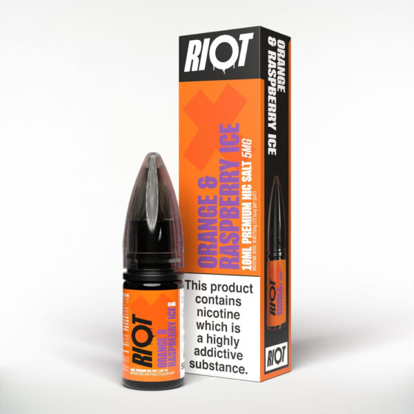 Orange & Raspberry Ice Nic Salt E-Liquid by Riot X 10ml bottle of Orange & Raspberry Ice Nic Salt E-Liquid by Riot X, orange and pink label shown front on.