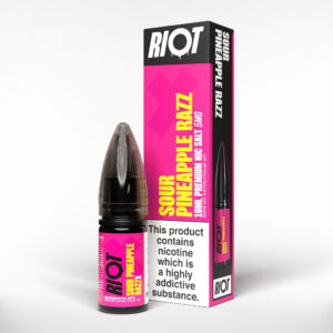 10ml bottle of Sour Pineapple Razz Nic Salt E-Liquid by Riot X, yellow and pink label shown front on.
