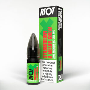 10ml bottle of Strawberry Melon Chew Nic Salt E-Liquid by Riot X, red and green label with nicotine strength shown.