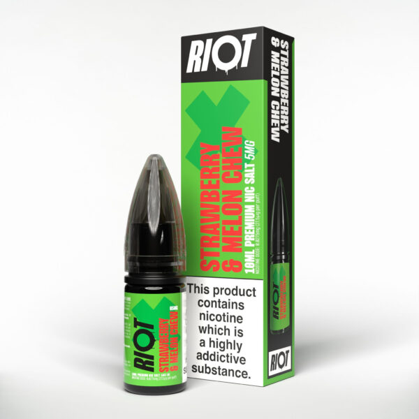 Strawberry Melon Chew Nic Salt E-Liquid by Riot X 10ml bottle of Strawberry Melon Chew Nic Salt E-Liquid by Riot X, red and green label with nicotine strength shown.