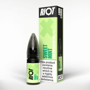 10ml bottle of Sweet Mint Nic Salt E-Liquid by Riot X, green and white label with the nicotine strength shown.