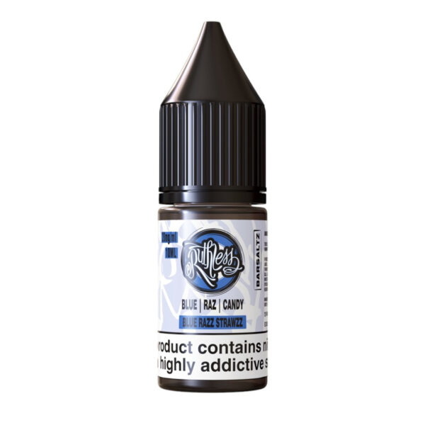 Blue Razz Strawzz Nic Salt E-Liquid by Ruthless Bar Saltz 10ml bottle of Blue Razz Strawzz Nic Salt E-Liquid by Ruthless Bar Saltz, shown upright