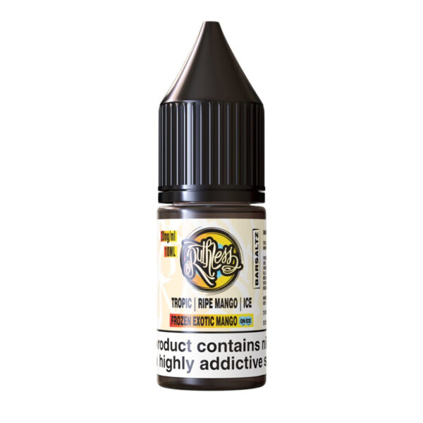 10ml bottle of Frozen Exotic Mango On Ice Nic Salt E-Liquid by Ruthless Bar Saltz