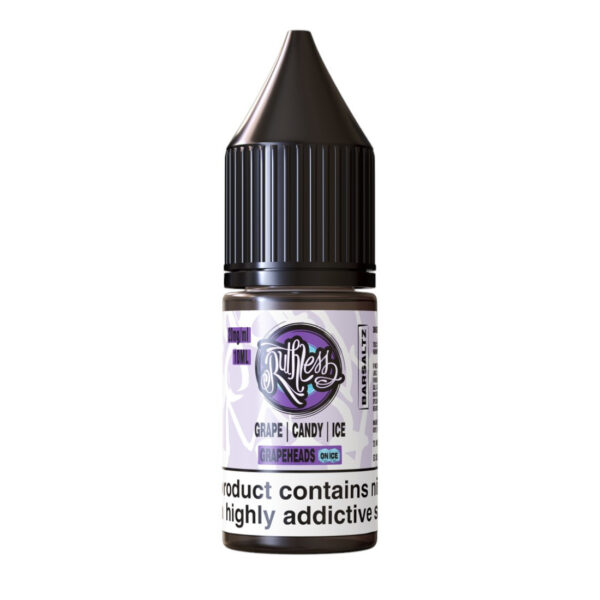 Grapeheads On Ice Nic Salt E-Liquid by Ruthless Bar Saltz 10ml bottle of Grapeheads On Ice Nic Salt E-Liquid by Ruthless Bar Saltz, photographed front-on