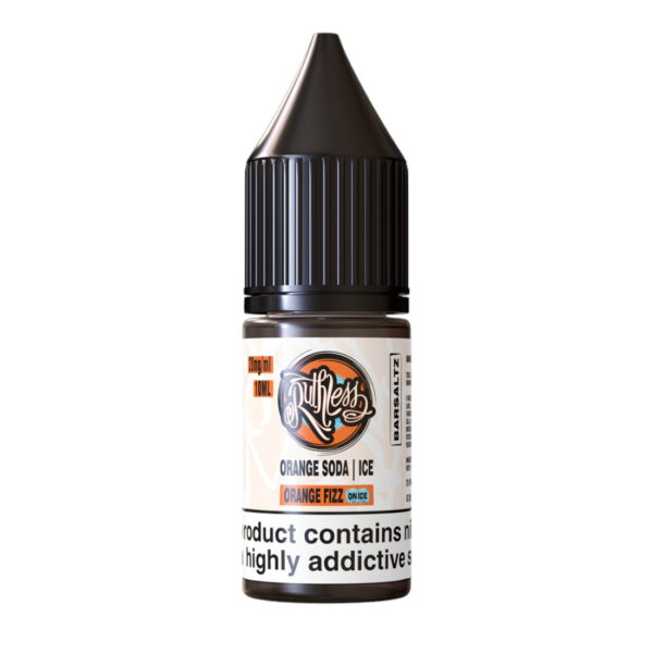 Orange Fizz On Ice Nic Salt E-Liquid by Ruthless Bar Saltz 10ml bottle of Orange Fizz On Ice Nic Salt E-Liquid by Ruthless Bar Saltz, label facing the camera