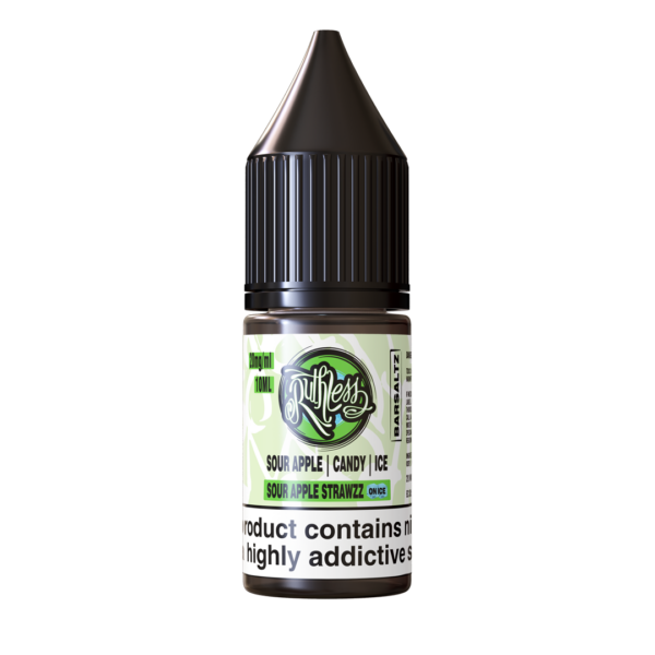 Sour Apple Strawzz On Ice Nic Salt E-Liquid by Ruthless Bar Saltz 10ml bottle of Sour Apple Strawzz On Ice Nic Salt E-Liquid by Ruthless Bar Saltz
