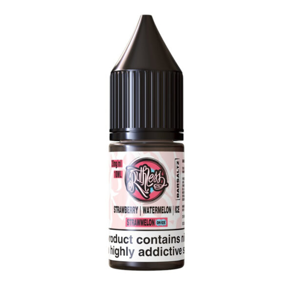Strawmelon On Ice Nic Salt E-Liquid by Ruthless Bar Saltz 10ml bottle of Strawmelon On Ice Nic Salt E-Liquid by Ruthless Bar Saltz, flavour name on the front label
