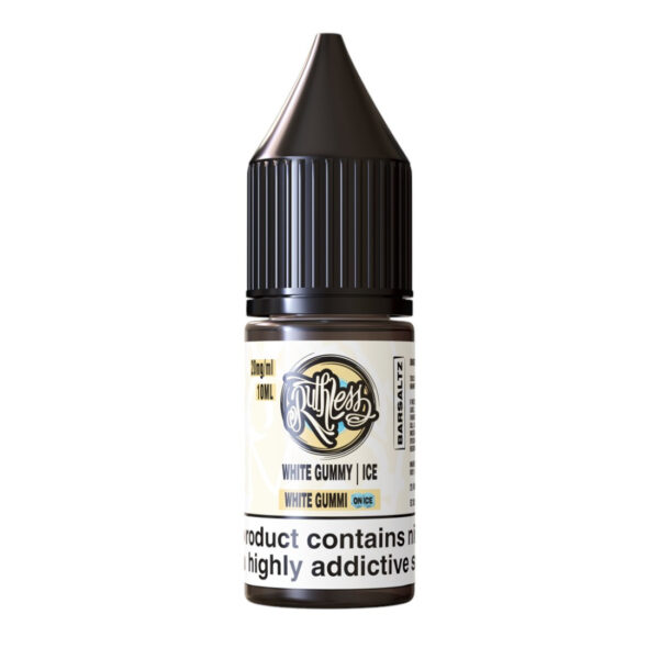 White Gummi On Ice Nic Salt E-Liquid by Ruthless Bar Saltz 10ml bottle of White Gummi On Ice Nic Salt E-Liquid by Ruthless Bar Saltz with white gummy bear label artwork.