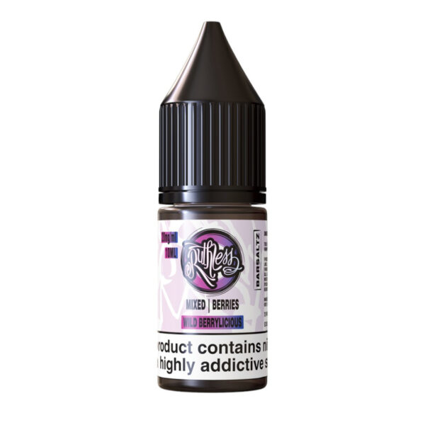 Wild Berrylicious Nic Salt E-Liquid by Ruthless Bar Saltz 10ml bottle of Wild Berrylicious Nic Salt E-Liquid by Ruthless Bar Saltz with mixed berry artwork on the label.