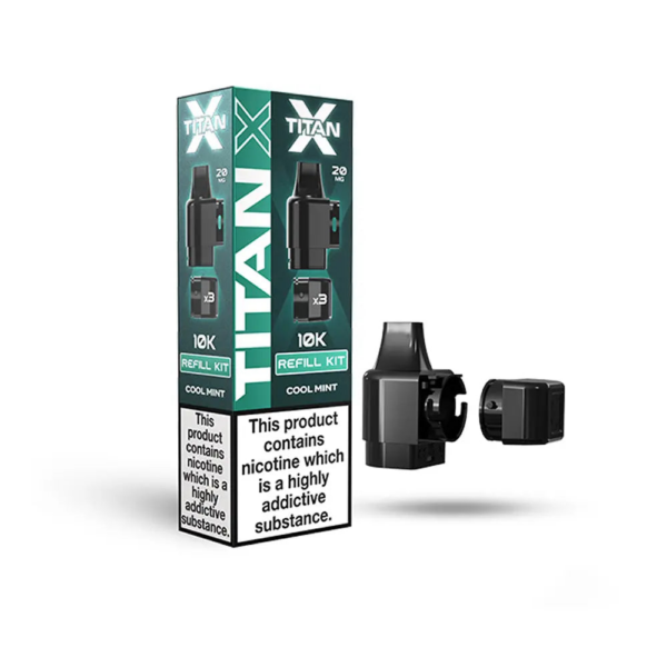 Cool Mint Prefilled Pod Refill Kit by Titan X Cool Mint Prefilled Pod Refill Kit by Titan X in green and white packaging with pod and refill bottle.