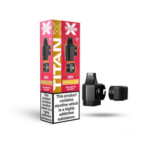 Rainbow Burst Prefilled Pod Refill Kit by Titan X in multicoloured packaging with pod and refill bottle.