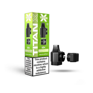 Sour Apple Prefilled Pod Refill Kit by Titan X in bright green packaging with pod and refill bottle.