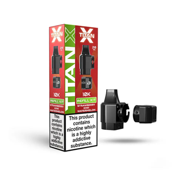 Strawberry Kiwi Watermelon Prefilled Pod Refill Kit by Titan X Strawberry Kiwi Watermelon Prefilled Pod Refill Kit by Titan X in pink and green packaging with pod.