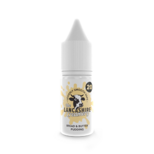 10ml bottle of Bread & Butter Pudding Nic Salt E-Liquid by the Lancashire Creamery, strength on the label.