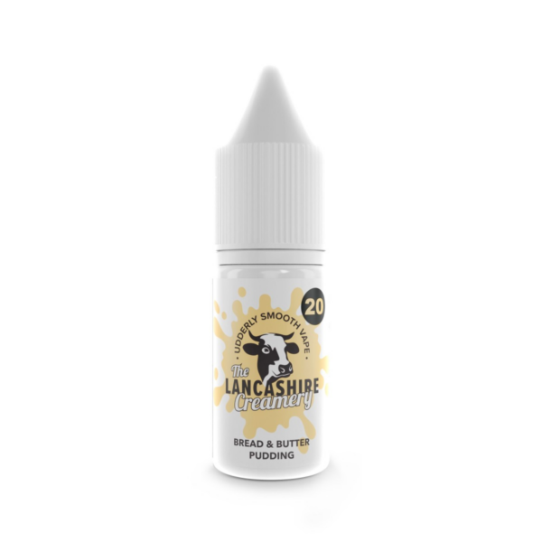10ml bottle of Bread & Butter Pudding Nic Salt E-Liquid by the Lancashire Creamery, strength on the label.