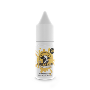 10ml bottle of Butterscotch Ice Cream Deluxe Nic Salt E-Liquid by the Lancashire Creamery, front label.