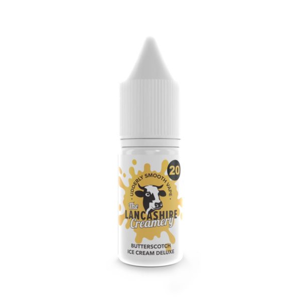 Butterscotch Ice Cream Deluxe Nic Salt E-Liquid by the Lancashire Creamery 10ml bottle of Butterscotch Ice Cream Deluxe Nic Salt E-Liquid by the Lancashire Creamery, front label.