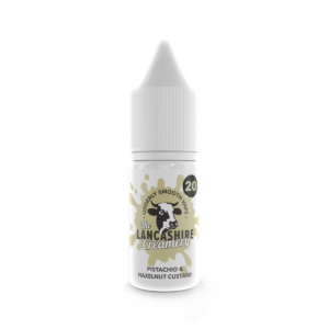 10ml bottle of Pistachio & Hazelnut Custard Nic Salt E-Liquid by the Lancashire Creamery, label facing out.