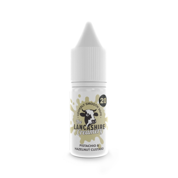 Pistachio & Hazelnut Custard Nic Salt E-Liquid by the Lancashire Creamery 10ml bottle of Pistachio & Hazelnut Custard Nic Salt E-Liquid by the Lancashire Creamery, label facing out.