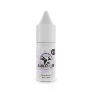 10ml bottle of Raspberry Custard Nic Salt E-Liquid by the Lancashire Creamery, strength shown on the label.