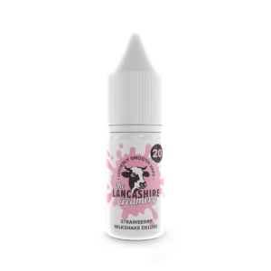 10ml bottle of Strawberry Milkshake Deluxe Nic Salt E-Liquid by the Lancashire Creamery, front label.