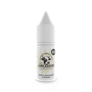 10ml bottle of Vanilla Milkshake & Wafers Nic Salt E-Liquid by the Lancashire Creamery, front label.