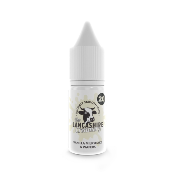 Vanilla Milkshake & Wafers Nic Salt E-Liquid by the Lancashire Creamery 10ml bottle of Vanilla Milkshake & Wafers Nic Salt E-Liquid by the Lancashire Creamery, front label.