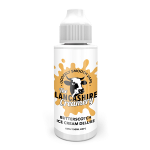 Butterscotch Ice Cream Deluxe Shortfill E-Liquid by the Lancashire Creamery 100ml bottle, front on.