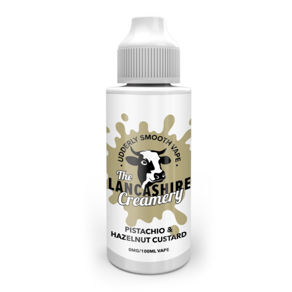 Pistachio & Hazelnut Custard Shortfill E-Liquid by the Lancashire Creamery 100ml 100ml bottle of Pistachio & Hazelnut Custard Shortfill E-Liquid by the Lancashire Creamery, front label.