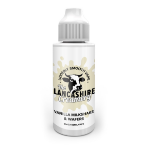 100ml bottle of Vanilla Milkshake & Wafers Shortfill E-Liquid by the Lancashire Creamery, front label artwork.