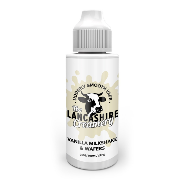 100ml bottle of Vanilla Milkshake & Wafers Shortfill E-Liquid by the Lancashire Creamery, front label artwork.
