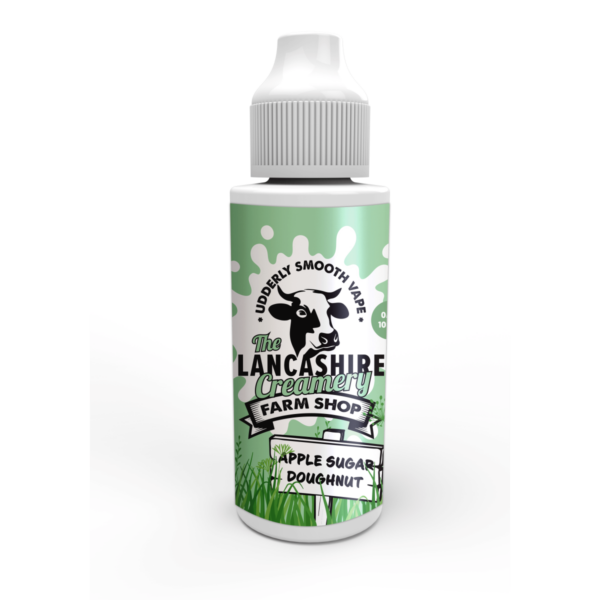 Apple Sugar Doughnut Shortfill E-Liquid by the Lancashire Creamery Farm Shop 100ml Apple Sugar Doughnut Shortfill E-Liquid by the Lancashire Creamery Farm Shop 100ml bottle, front label.