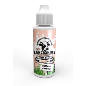 Custard Cannoli Shortfill E-Liquid by the Lancashire Creamery Farm Shop 100ml bottle with flavour artwork.