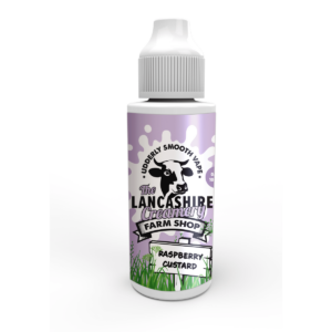 100ml bottle of Raspberry Custard Shortfill E-Liquid by the Lancashire Creamery Farm Shop, front label artwork.