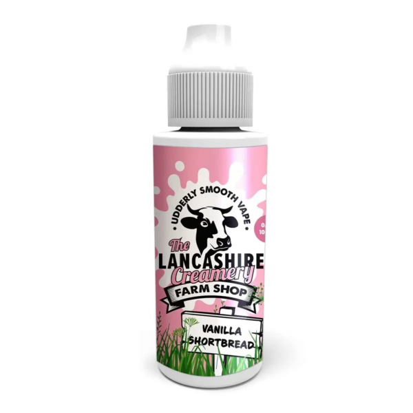Vanilla Shortbread Shortfill E-Liquid by the Lancashire Creamery Farm Shop 100ml 100ml bottle of Vanilla Shortbread Shortfill E-Liquid by the Lancashire Creamery Farm Shop, front label.