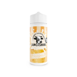 Caramel Choo Choo Shortfill E-Liquid by the Lancashire Ice Creamery 100ml bottle with illustrated label.