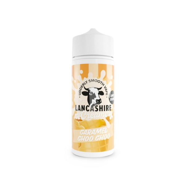 Caramel Choo Choo Shortfill E-Liquid by the Lancashire Ice Creamery 100ml bottle with illustrated label.