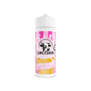 100ml bottle of Raspberry Ripple Shortfill E-Liquid by the Lancashire Ice Creamery, front label artwork.