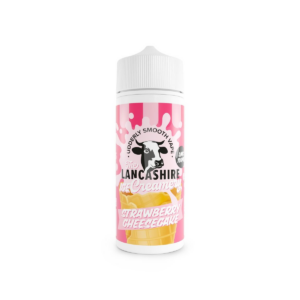 100ml bottle of Strawberry Cheesecake Shortfill E-Liquid by the Lancashire Ice Creamery, front label.
