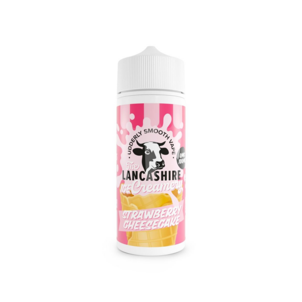 Strawberry Cheesecake Shortfill E-Liquid by the Lancashire Ice Creamery 100ml 100ml bottle of Strawberry Cheesecake Shortfill E-Liquid by the Lancashire Ice Creamery, front label.