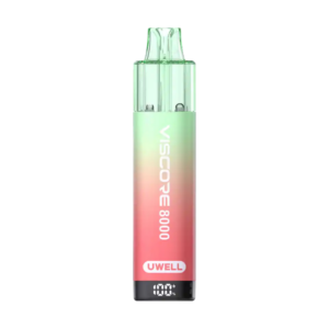 Uwell Viscore 8000 Prefilled Pod Kit in a green to pink gradient, with the battery percentage display lit.