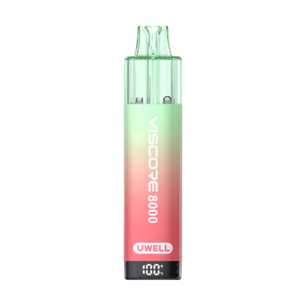 Uwell Viscore 8000 Prefilled Pod Kit Uwell Viscore 8000 Prefilled Pod Kit in a green to pink gradient, with the battery percentage display lit.