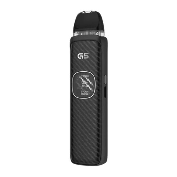 Uwell Caliburn G5 Pod Kit Uwell Caliburn G5 Pod Kit in Black Carbon, showing the woven carbon print, round display and G5 badge.