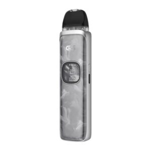 Silver Marble Uwell Caliburn G5 Pod Kit, a pale marbled shell with the round screen lit on the front.