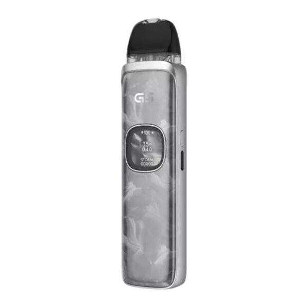 Uwell Caliburn G5 Pod Kit Silver Marble Uwell Caliburn G5 Pod Kit, a pale marbled shell with the round screen lit on the front.