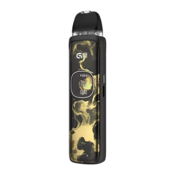 Uwell Caliburn G5 Pod Kit Uwell Caliburn G5 Pod Kit in Black Gold, dark shell with a gold ink swirl and the display panel in view.