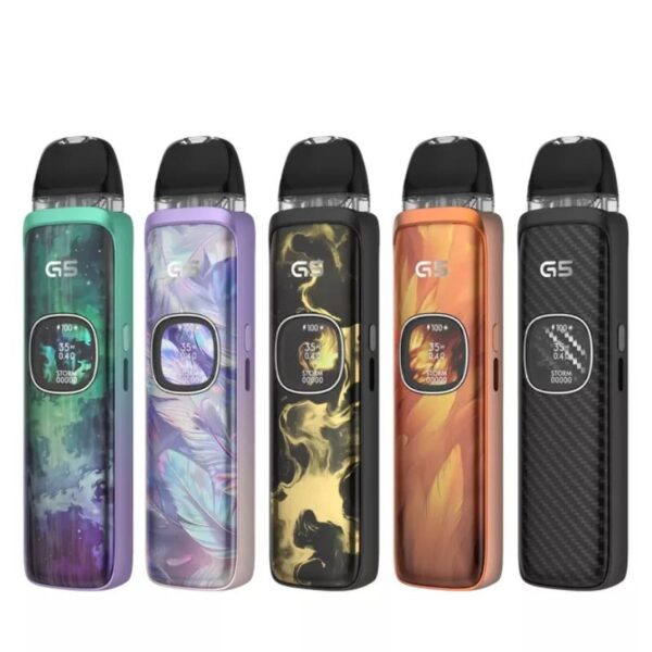 Uwell Caliburn G5 Pod Kit Five finishes of the Uwell Caliburn G5 Pod Kit lined up together, from Mystic Forest to Black Carbon.