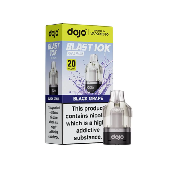 Black Grape Prefilled Pod by Vaporesso Dojo Blast 10K, a sealed 10ml pod showing its flavour and 20mg label.