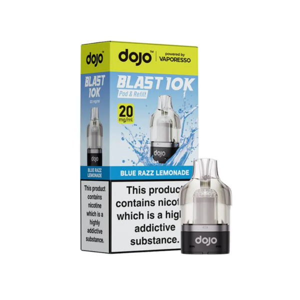 Blue Razz Lemonade Prefilled Pod by Vaporesso Dojo Blast 10K Blue Razz Lemonade Prefilled Pod by Vaporesso Dojo Blast 10K, a sealed 10ml pod with its flavour name shown.